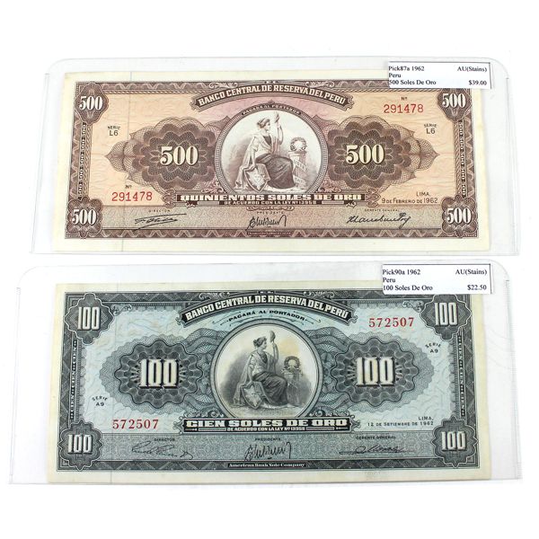 Peru 1962 Notes AU (Both w/ stains) - Pick #87a 500 Soles De Oro & Pick #90a 100 Soles De Oro. 2pcs