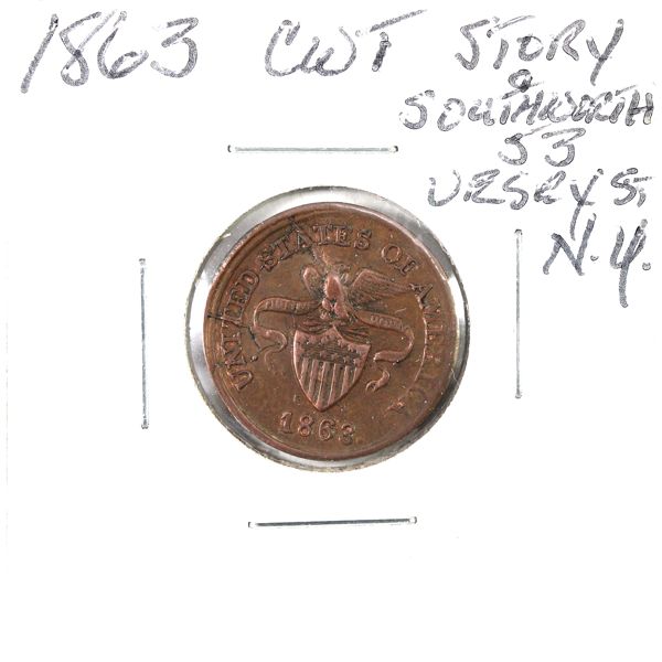 USA NY 1863 Story & Southworth Civil War Token. Pleasing Mahogany Surface and Sharp Detail 