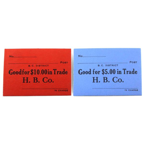 Hudson's Bay Company ND (c. 1960s) Generic Notes for $5 & $10 in Trade. Blue & Red Cardboard. 2pcs