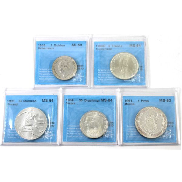 World Silver 1938-1983 Assorted Coinage CCCS AU50 to MS64. 5pcs.