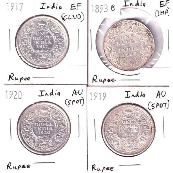 India Silver 1893-1920 Rupee EF to AU. 4pcs. 