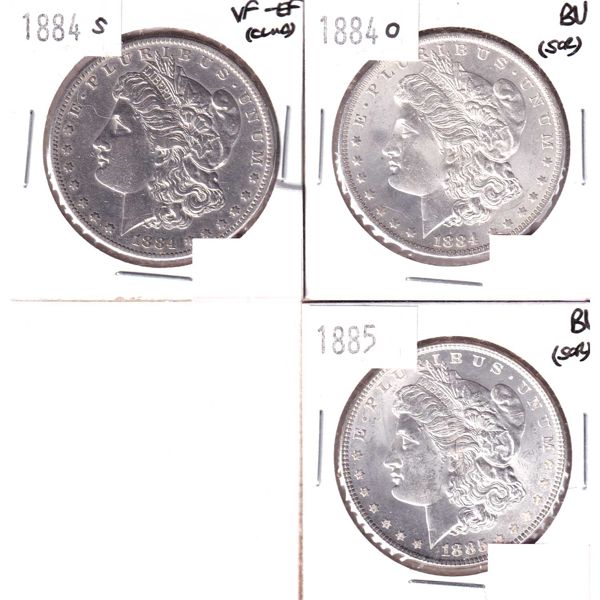 USA Silver 1884O BU (Scratched), 1884S VF-EF (Cleaned), & 1885 BU (Scratched) Morgan Dollars. 3pcs. 