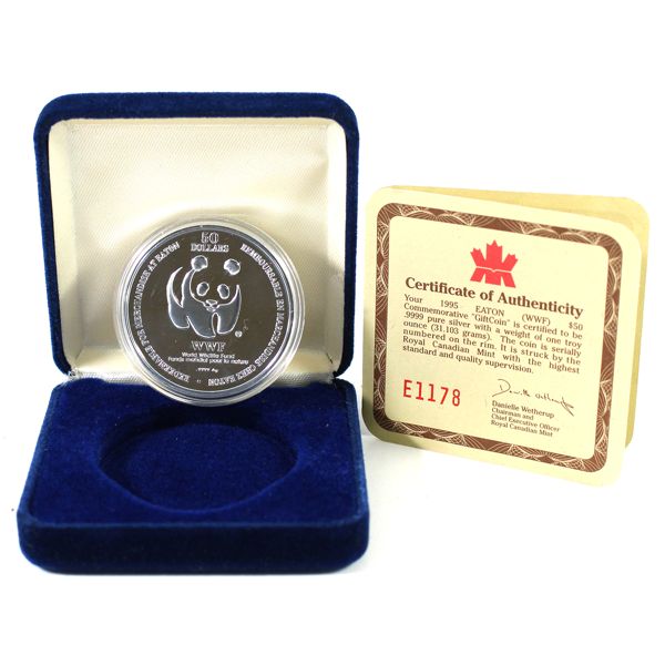 Canada 1995 $50 World Wild Wildlife Fund, Timothy Eaton 1oz Fine Silver Coin (Tax Exempt)