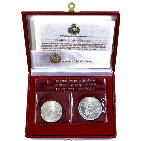 San Marino 1992 2-Piece Barcelona Summer Olympics .835 Silver Set. Includes: 500 Lire, & 1000 Lire. 