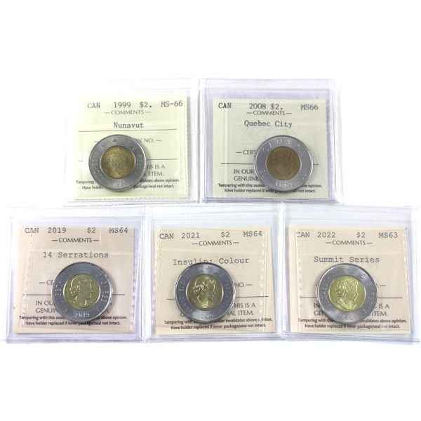 $2 1999-2022 ICCS MS63 to MS66. 5pcs.