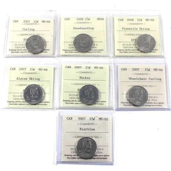 25-cent 2007-2008 Olympic Sports ICCS MS66. 7pcs.