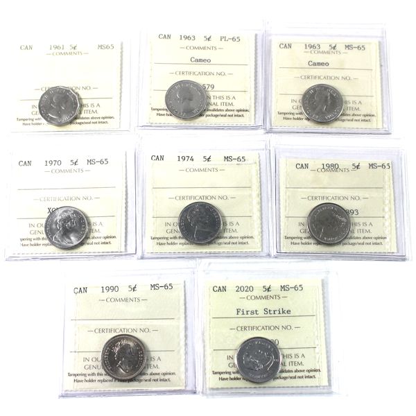 5-cent 1961-2020 ICCS MS65 or PL65. 8pcs. 