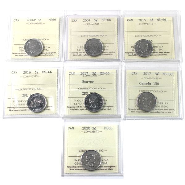 5-cent 2006P, 2007, 2015, 2016, 2017 Beaver, 2017 Canada 150, & 2020 ICCS MS66. 7pcs.