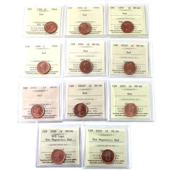 1-cent 1966-2010 ICCS MS66 Red. 11pcs.