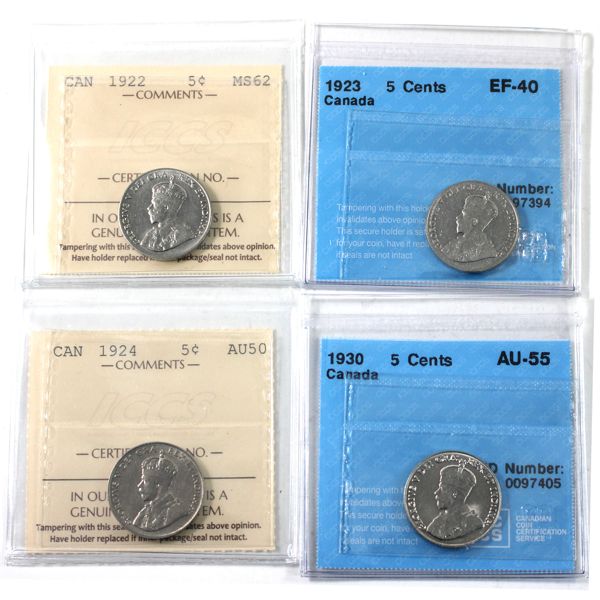 5-cent 1922 ICCS MS62, 1923 CCCS EF40, 1924 ICCS AU50, & 1930 CCCS AU55. 4pcs.