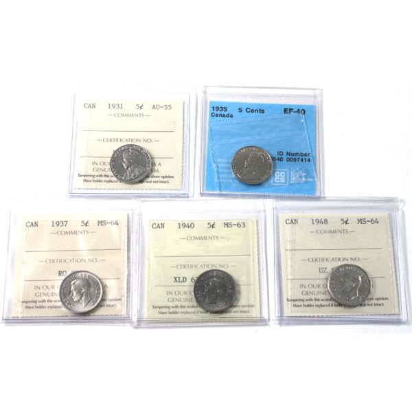 5-cent 1931 ICCS AU55, 1935 CCCS EF40, 1937 ICCS MS64, 1940 ICCS MS63, 1948 ICCS MS64. 5pcs.