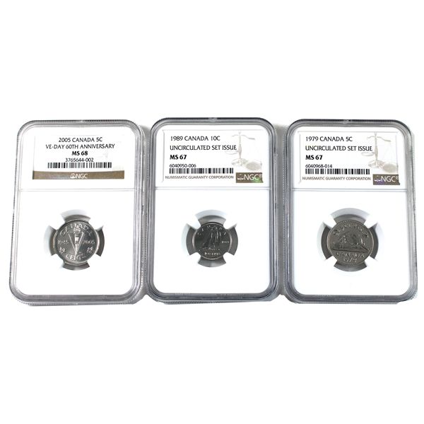 5-cent 1979, 10-cent 1989 Uncirculated Set Issue MS67 & 5-cent 2005 VE-Day MS68 NGC Certified. 3pcs.