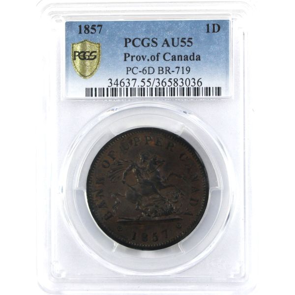 BR-719, CH-PC-D6 1857 Bank of Upper Canada Penny PCGS AU55
