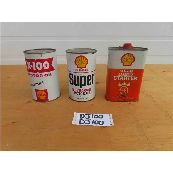 3 Shell Tins:  X-100 Motor Oil 1 Quart, Super