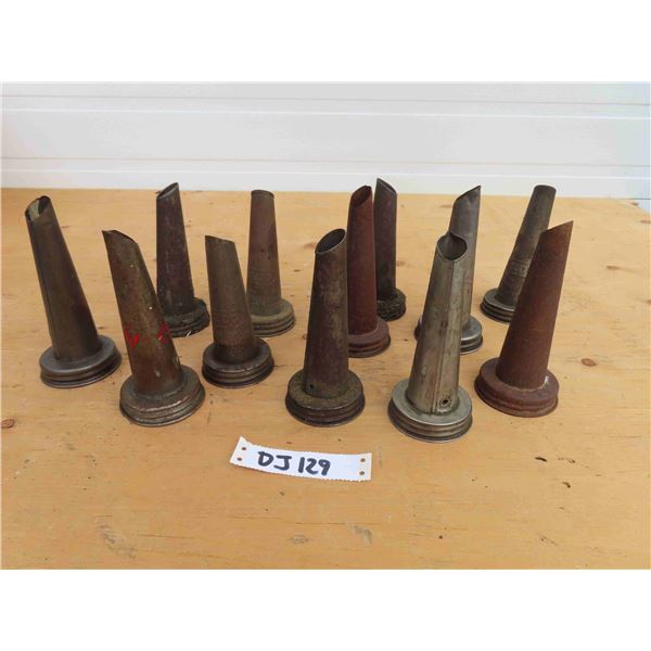 12 Vintage Oil Bottle Spouts , Some Stamped ECO 