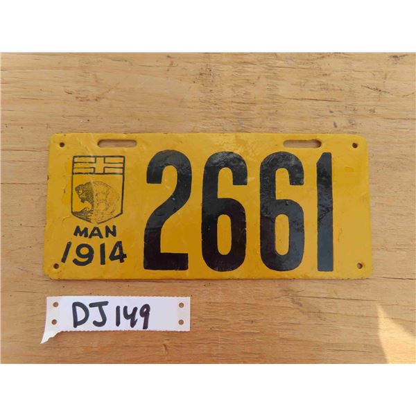 1914 Manitoba License Plate 10'' x 4 1/2'' Porcelain