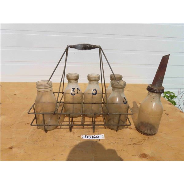 6 Glass Milk Bottles in Metal Carrier