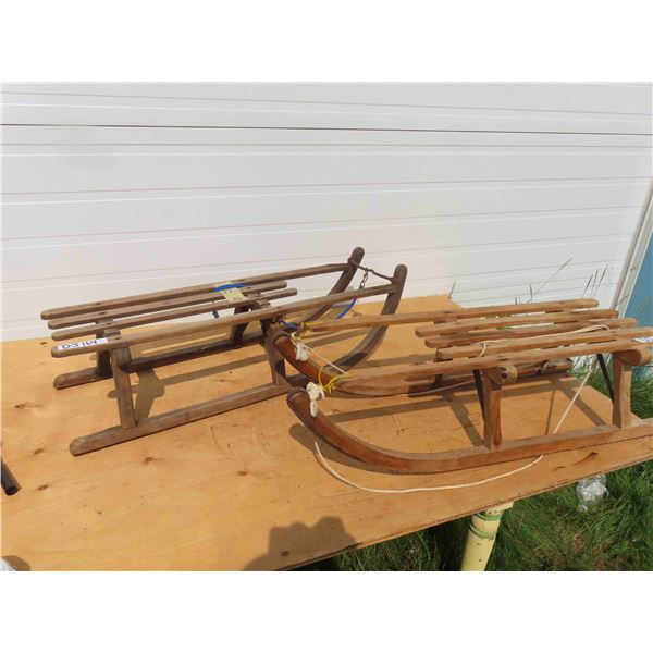 2 Antique Wooden Sleds 36'' + 34'' Long - 1 is 