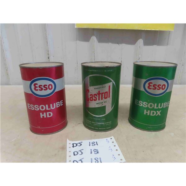 (3) Quartz Oil Cans - 2 Esso + 1 Castrol , 2 Full