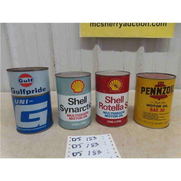 (4) Quartz Oil Cans - 2 Shell + 1 Gulf + 1 Pennzoil , 3 Full of Contents