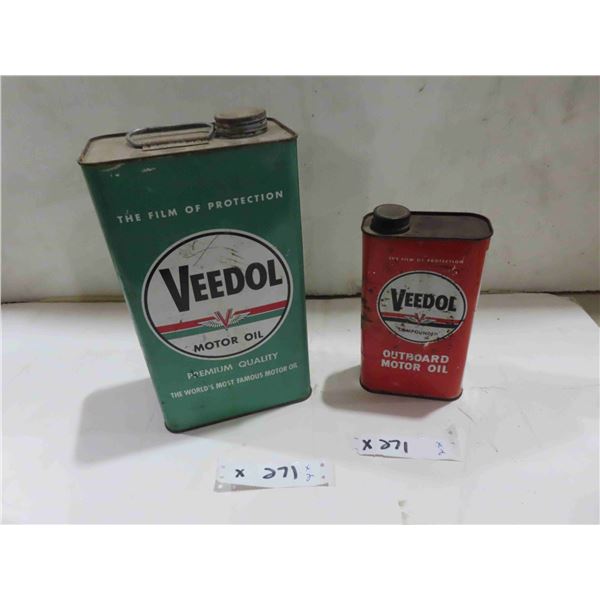 2 Veedol Oil Cans : Outboard Quartz, Motor Oil 1 Gal