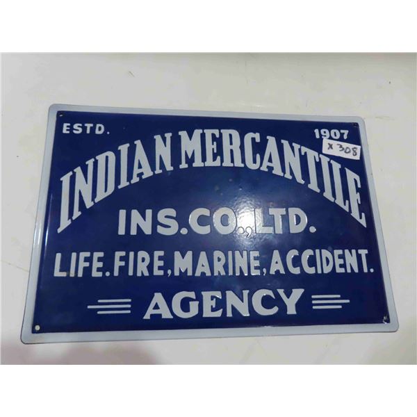 Indian Mercantile Insurance Porcelain Sign 12'' x 18'' 