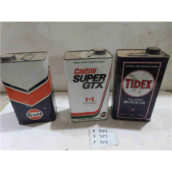 (3) 1 Gal Oil Cans : Tidex, Castrol, Gulf