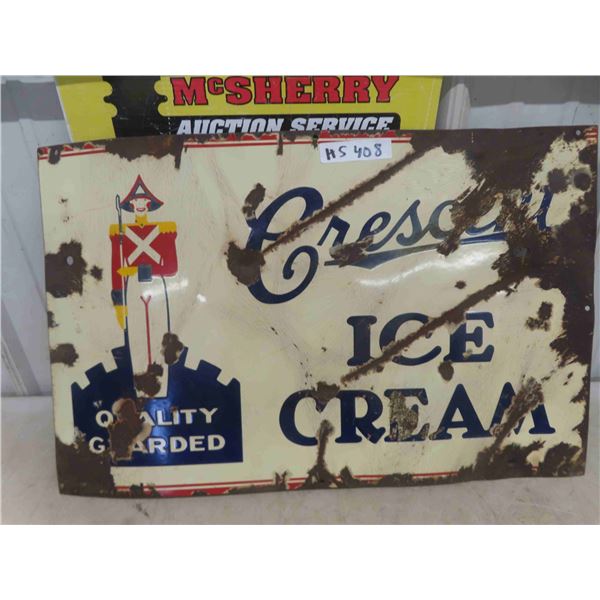 Crescent Ice Cream Porcelain Sign - Chipped Up But Fairly Clean