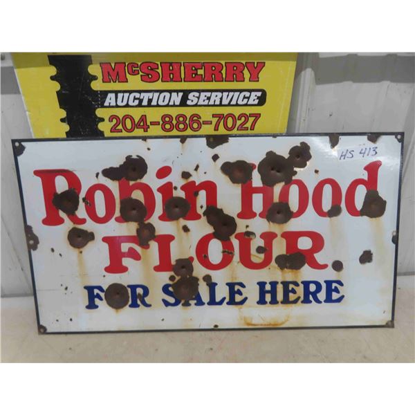 Robin Hood Flour Porcelain Sign 15" x 28" - bullet Damage