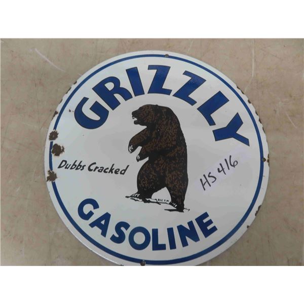 Grizzly Gas Round Sign - Porcelain 12" Wide