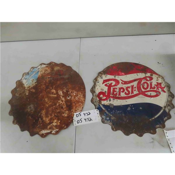 2 Pepsi Metal Bottle Cap Signs - both 14" ; 1 Medium & 1 Rough Condition 