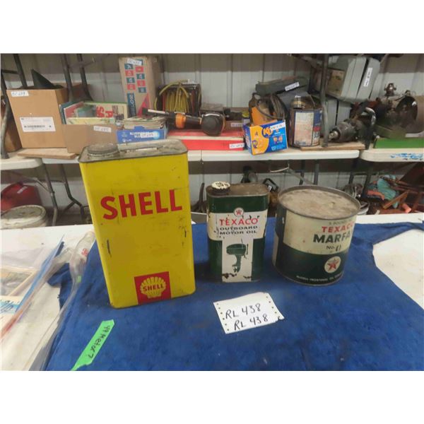 Shell 1 Gal Oil Can, Texaco O/Bord Motor Oil Quart Can. Texaco 5lb Grease Tin