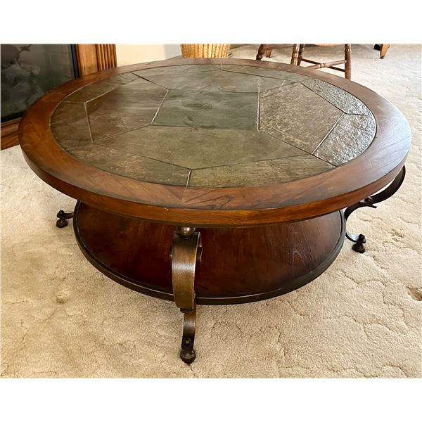 ROUND STONE-WROUGHT IRON COFFEE TABLE