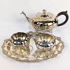 Image 1 : Set of 4 Sterling Silver Plated Tea Pot with Cream & Sugar & Tray