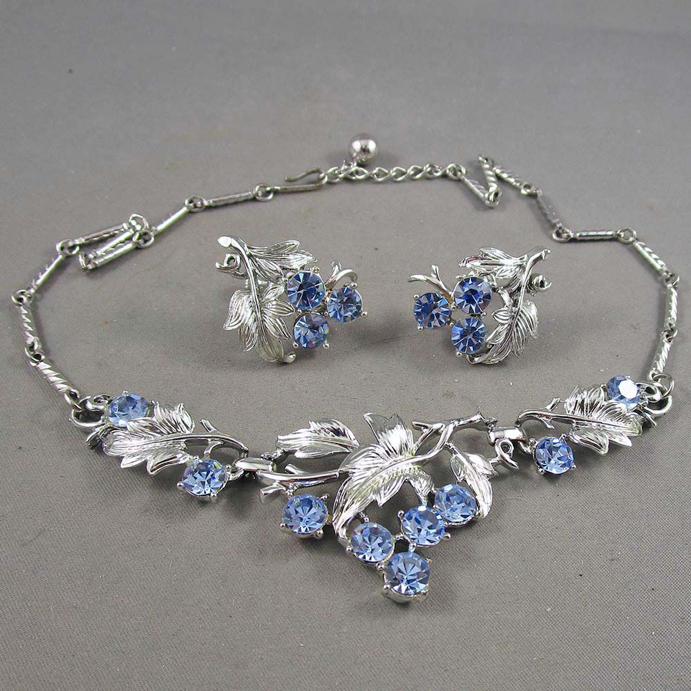 Stunning Coro Blue Rhinestone Necklace & Earring Set Circa 1950's