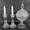 Image 1 : Gorgeous Pinwheel Crystal from Poland - Candy Dish with Lid & Two Candle Holders