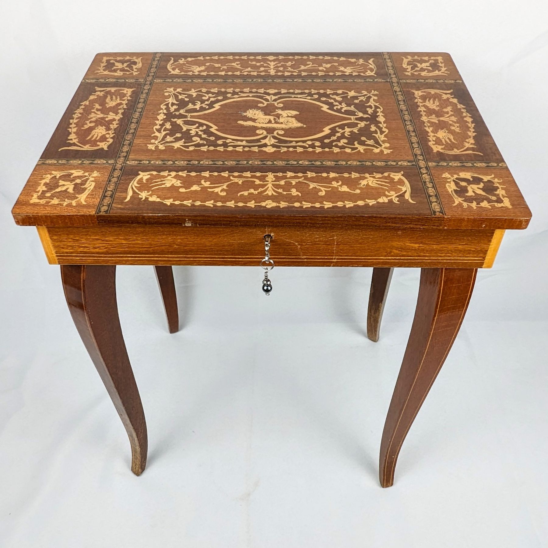 Gorgeous Locking Musical Wood Inlay Table with Jewelry Box Inset