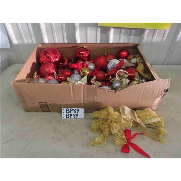 Large Box Loaded with Christmas Ornaments, Balls + Bows