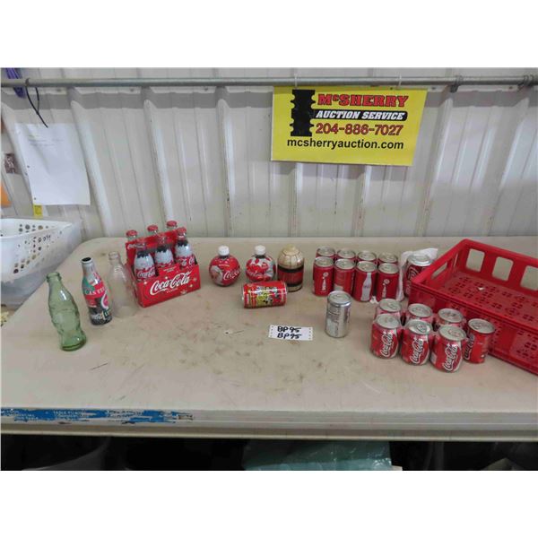 Assorted Coca-Cola Collector Bottles, Cans, Plastic Bottles + Case - Most Are Full