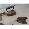 Image 2 : Assorted Cast Iron Items ; Trivet, Irons, Handles, Tobacco Cutter, Leather Punch,