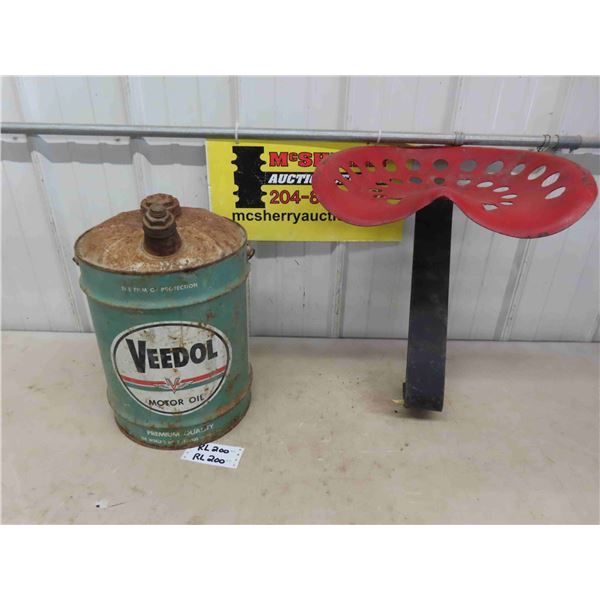 Veedol 5 Gal Oil Can with Spout, Tractor Seat on Metal Mount