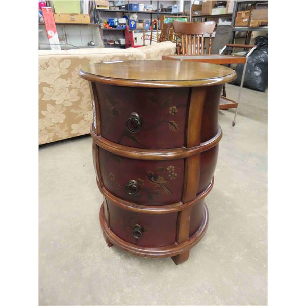 Solid Wood Round 3 Drawer End Table with Birds + Tree Design 20" x 28"