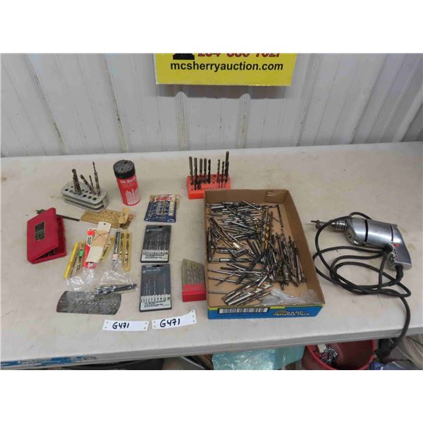 Chrome 3/8  Drill, Assorted Drill Bits, Some Masonry