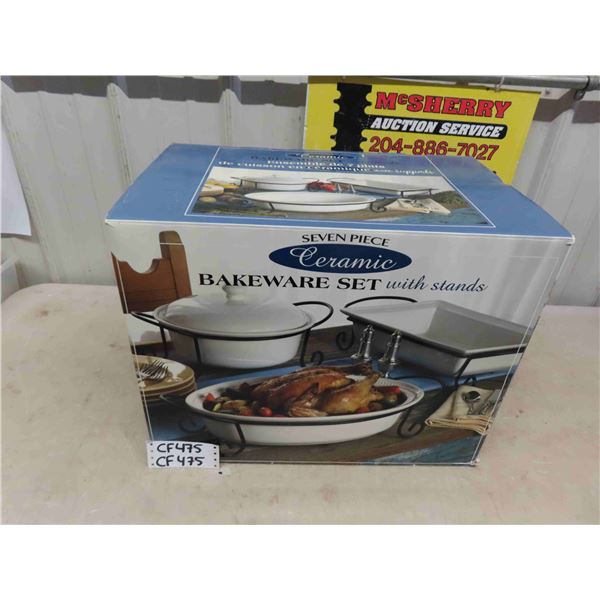 7pc Ceramic Bakeware Set with Metal Stands - New in Box