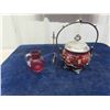 Image 1 : Cranberry Glass ; Sugar Bowl, Hand Painted - Very Nice with Spoon