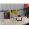 Image 1 : Oak Framed Bevelled Mirror 13.5" x 15" , Finger Coal Oil Lamp, 2 Lamp Shades
