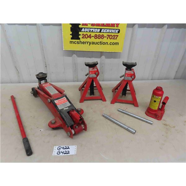 Motocraft 2 Ton Hydraulic Trolley Jack, (2) 2 Tonne Jack Stands, 3 Ton Bottle Jack