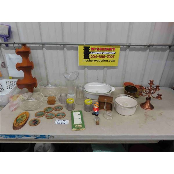 Assorted Gems ; Punch Bowls, Casserole Dishes, 3 Tier Corner Shelf, Coasters, Vase, 