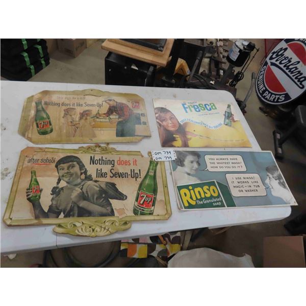 10 Cardboard Advertisements : 1950s 7UP , Fresca, Rinso 12'' x 22'' 