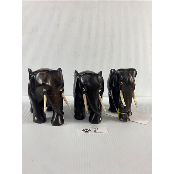 3 Hancarved Wooden Elephants